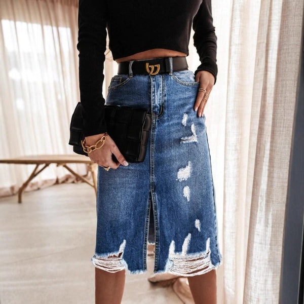 FR870548 European and American   women's personalized cut beard skirt straight trend denim skirt