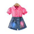 girls' outfit: heart-shaped rhinestone bubble sleeve top + denim shorts - kids' summer two-piece set