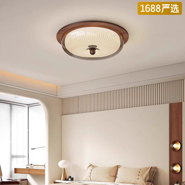 [Strict selection] French medieval wind ceiling retro walnut color solid wood glass round LED full spectrum eye protection