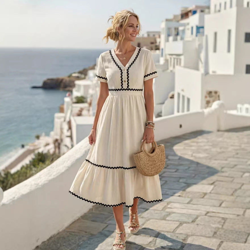 new european and american style elegant vacation dress - backless, lace trim, bow detail, spaghetti strap women's dress