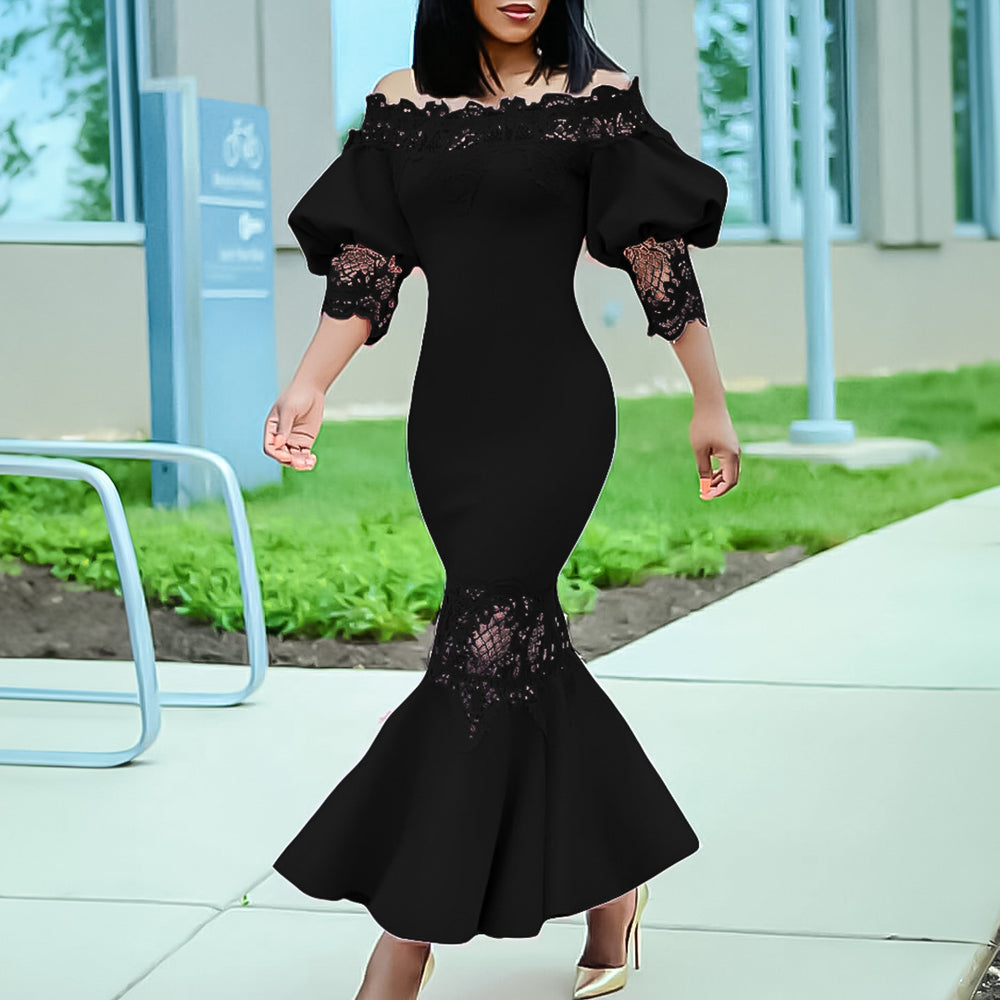D3223 cross-border e-commerce  summer new arrival off-the-shoulder lace trim elegant mermaid dress evening gown european and american style dress