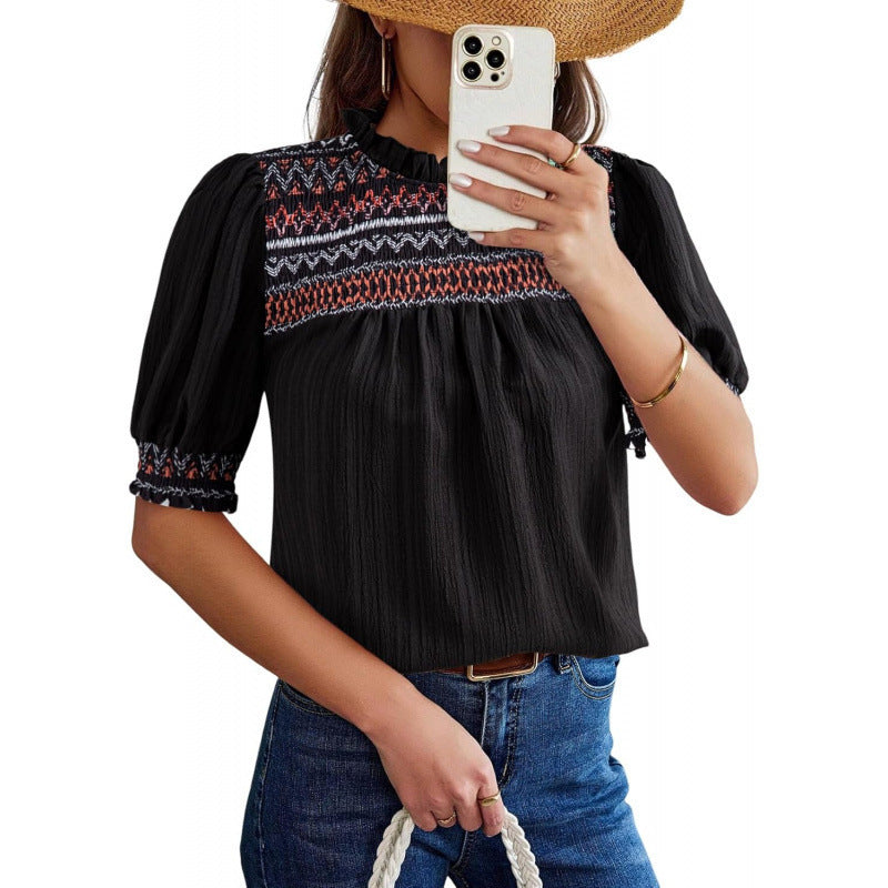 Amazon  summer new casual round neck bubble short sleeve bohemian embroidered shirt top for women