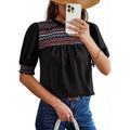 Amazon  summer new casual round neck bubble short sleeve bohemian embroidered shirt top for women