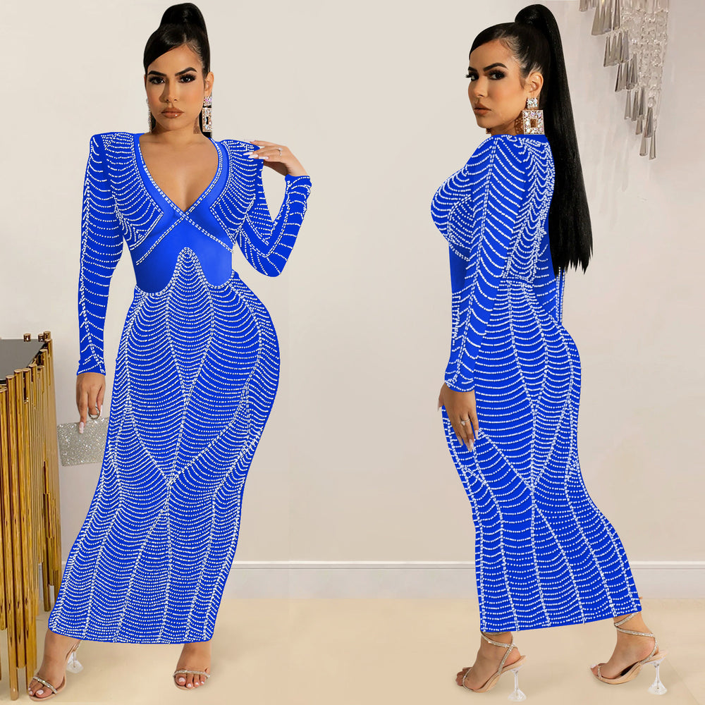 C5912   fashion sexy nightclub hot diamond mesh see-through v neck long sleeves long skirt dress women