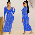 C5912   fashion sexy nightclub hot diamond mesh see-through v neck long sleeves long skirt dress women