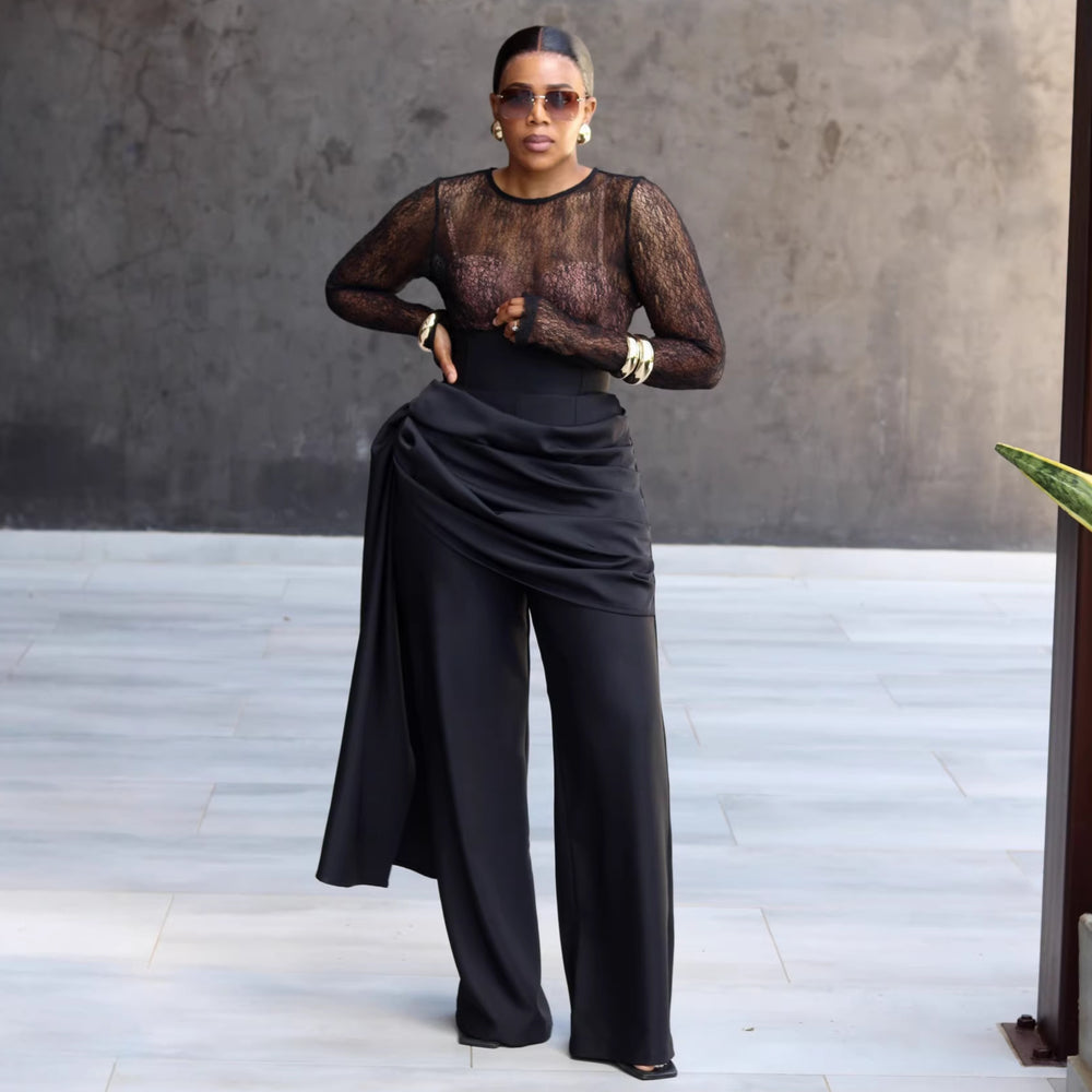 European and american cross-border women's fashion  summer new sexy chic round neck see-through top and design-driven pants set