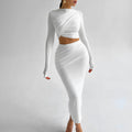 European and american style women's clothing  autumn/winter new arrival: round neck long sleeve cropped top and slim-fit midi skirt two-piece set