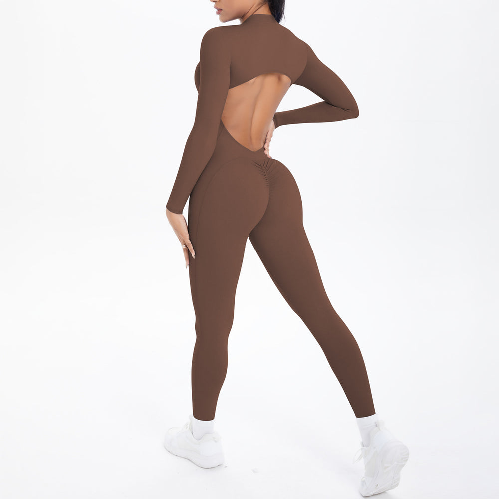 New arrival cross-border double-sided brocade pure color beautiful back cut outlong sleeves jumpsuit sports running fitness yoga wear jumpsuit