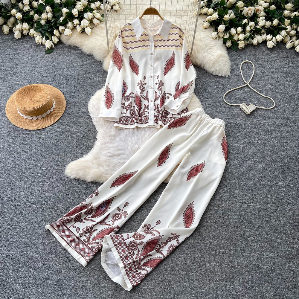 Export cross-border retroprintingfashiontwo-piece set women's polo collar long sleevesshirtloose pantselegantwork clothingsuit
