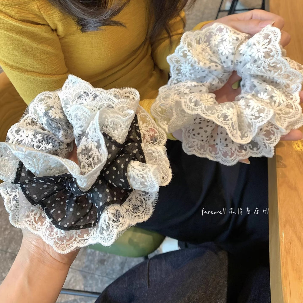 Korean sweet double-layer embroidered white lace hair tie - elegant, gentle, and versatile scrunchie for everyday wear