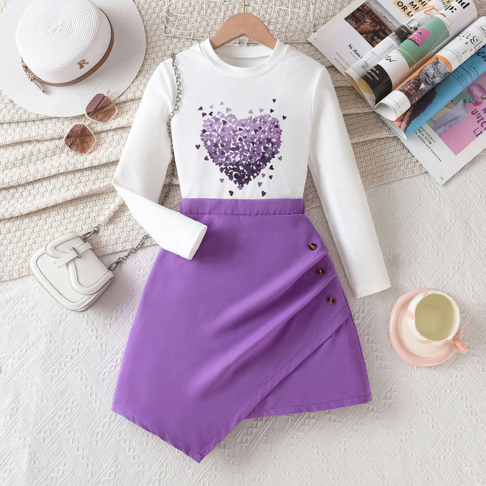 Autumn children's clothing set for export: purple irregular skirt with heart print long-sleeve t-shirt - girls' two-piece outfit
