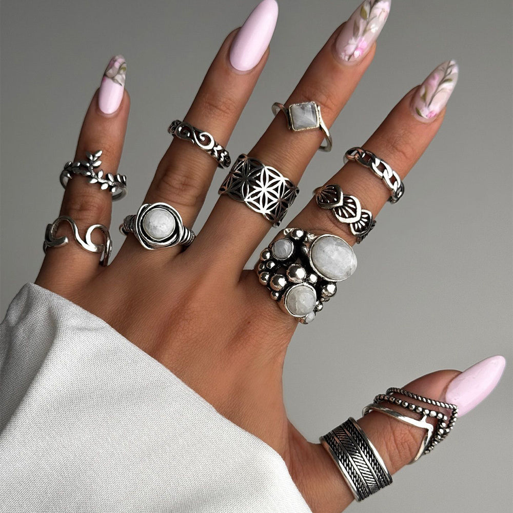 hot-selling retro ethnic style ring for women, 10-piece set, geometric cut out design, combination ring jewelry wholesale
