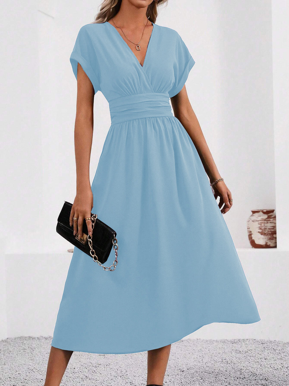 Women's summer solid color overlapping v-neck batwing sleeve waist ruched maxi elegant dress, women's long dress