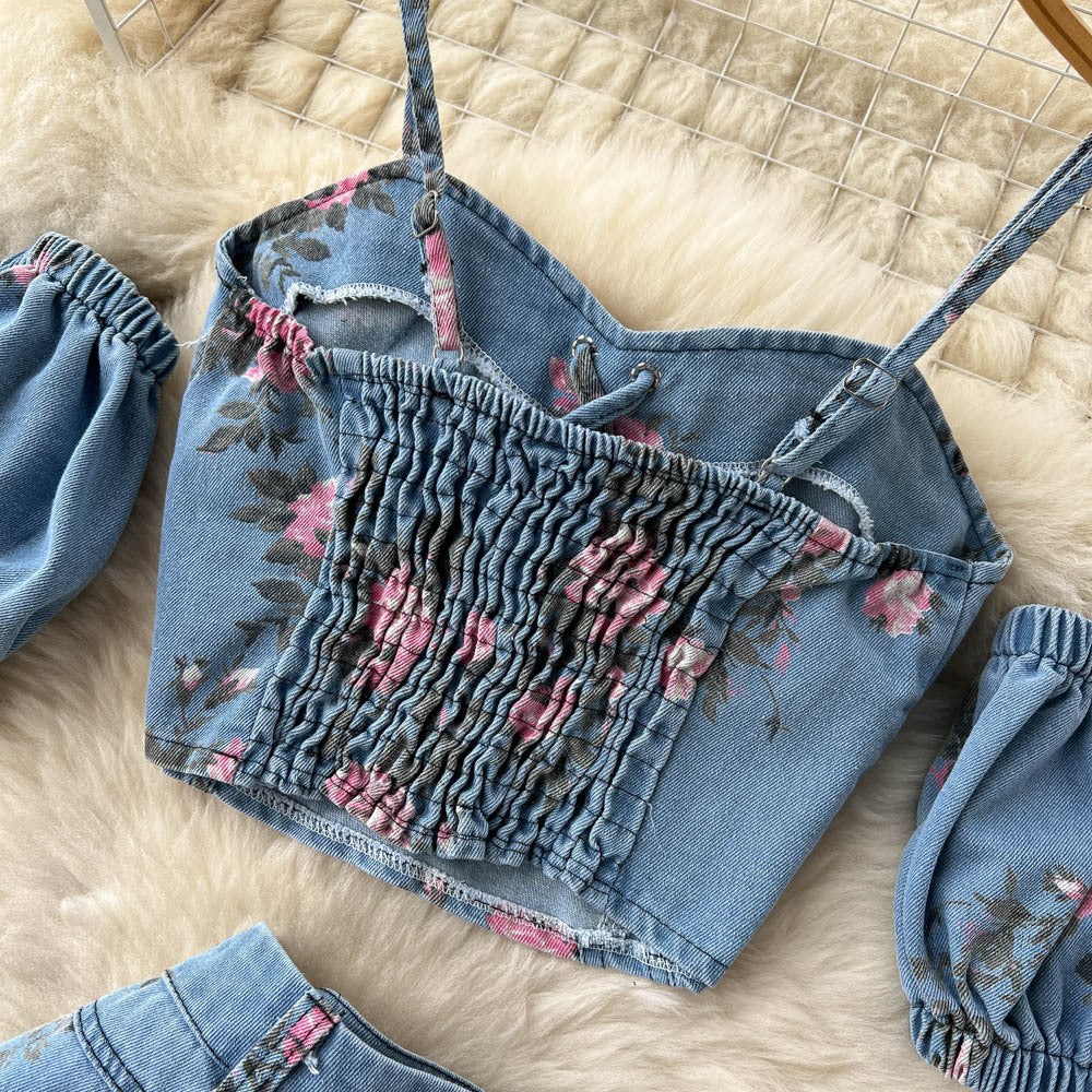 Hong kong style retrochicsuit female sweet and spicy girl off-shoulder camisole outwearhigh waist slit skirttwo-piece set