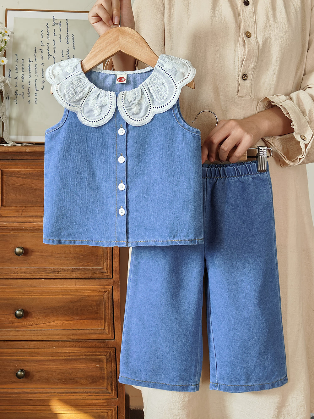 baby girl summer outfit set - new stylish kids' clothes, doll collar sleeveless denim two-piece summer set