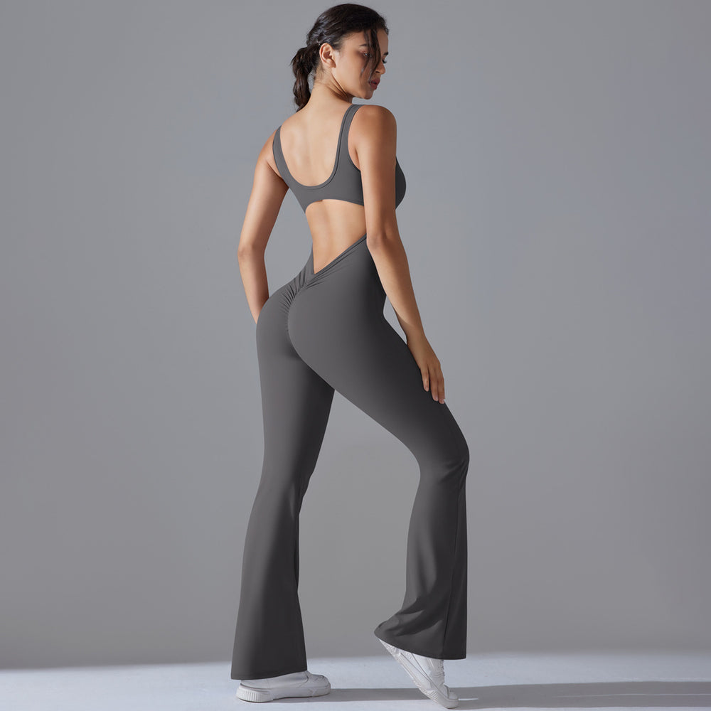 European and american cutout back bodysuit peach lift quick-dry tight workout gym outfit flare leg yoga jumpsuit for women