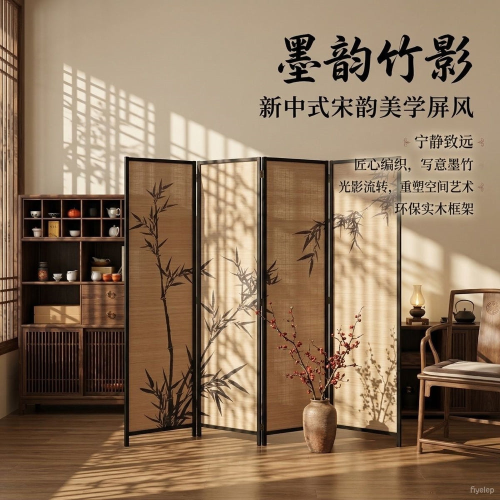 Screen bamboo tea room partition bamboo woven living room enclosure chinese style bamboo shadow foldable solid wood screen partition living room enclosure