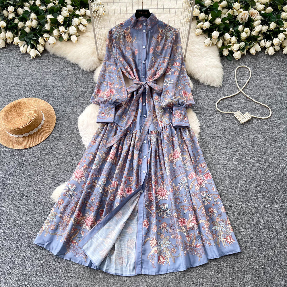 French retro print lantern sleeve dress - women's autumn korean style tie-waist slimming a-line maxi dress - commute friendly