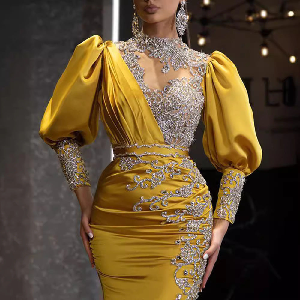 spring and summer new arrivalfashionexport women's wedding dress with big hem sexy gold-sprinkled dress with tail banquet evening dress