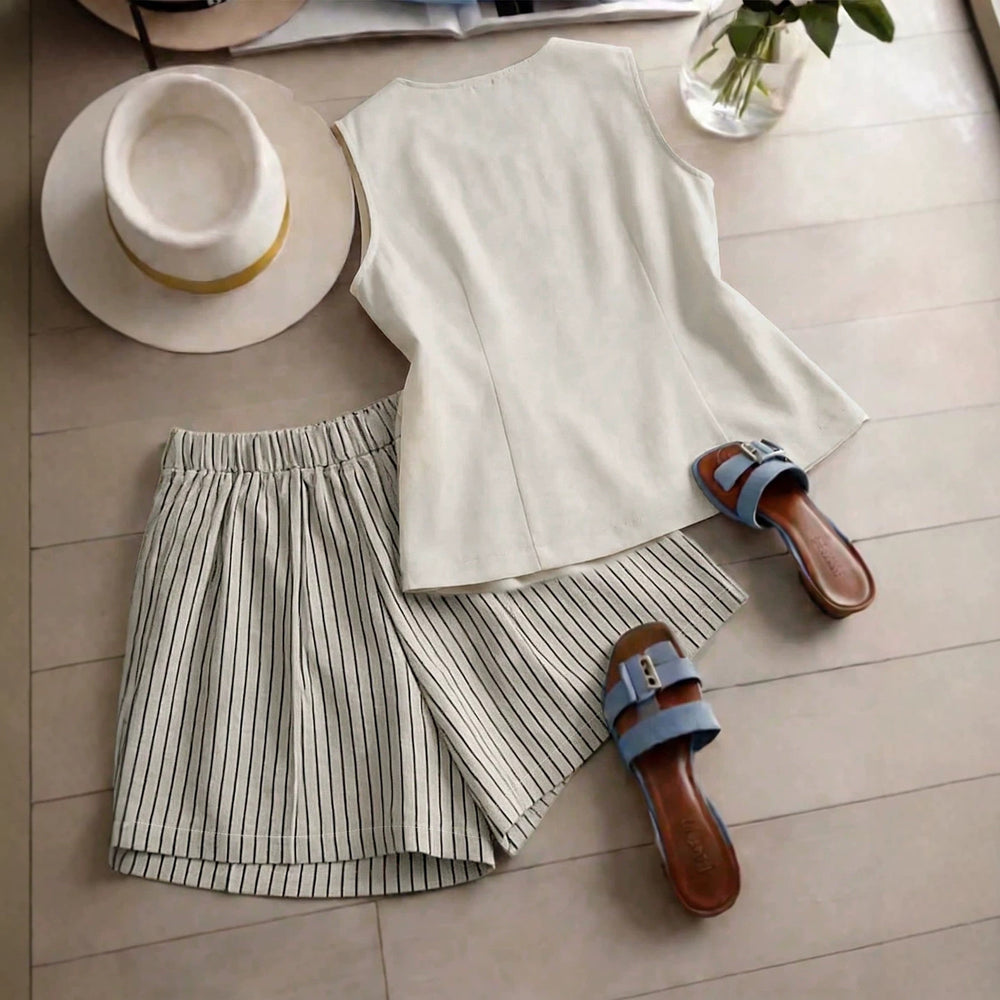fashion  summer new beige sleeveless vest striped shorts suit work clothingcasualtwo-piece set