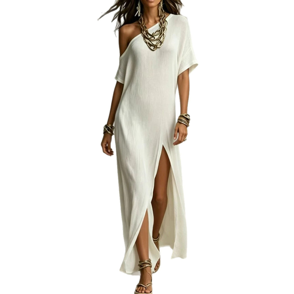 summer european and american cross-border  independent station new arrivalelegance short sleeve cotton and linen pleated slit women's dress