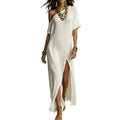 summer european and american cross-border  independent station new arrivalelegance short sleeve cotton and linen pleated slit women's dress