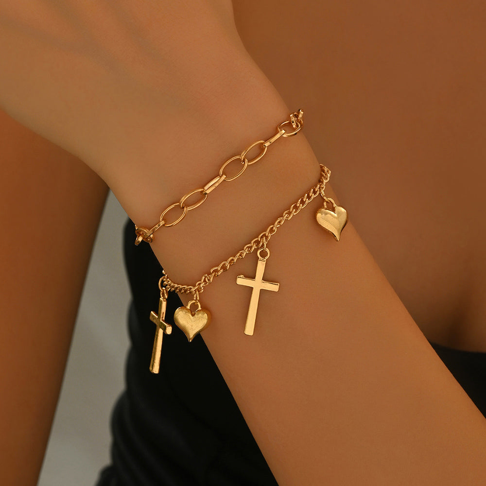European and american cross-border personalized minimalist alloy cross & heart pendant chain bracelet - light luxury, high-end layering jewelry