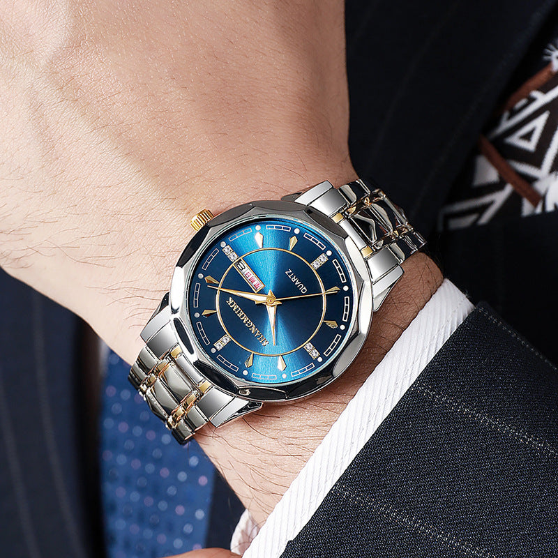 Wholesale men's watches: premium, cross-border, luminous, waterproof, dual calendar, rivet steel band quartz watch ⌚ - cross-border watch