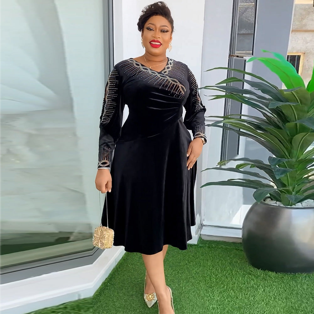 Aliexpress african plus size  autumn/winter new european and american cross-border elegant evening gown rhinestone velvet dress
