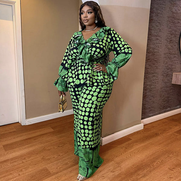 European and American  women's clothing 2025 autumn new fashionable and fresh printing V-neck ruffle edge thin wide-leg pants set