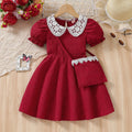 spring new arrivals: girls' european & american elegant style lace collar a-line dress with matching bag two-piece set