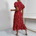Amazon  european and american cross-border women's sexy deep v lace-up waist bestseller floral print vacation maxi dress
