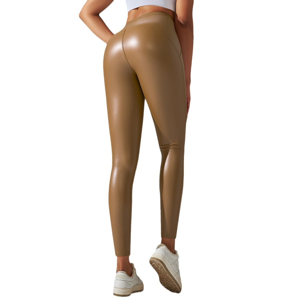 Clearance european and american  high waist hip lifting and abdominal tightening waist pu leather pants inner brushed yoga bottom leather pants nine-point pants