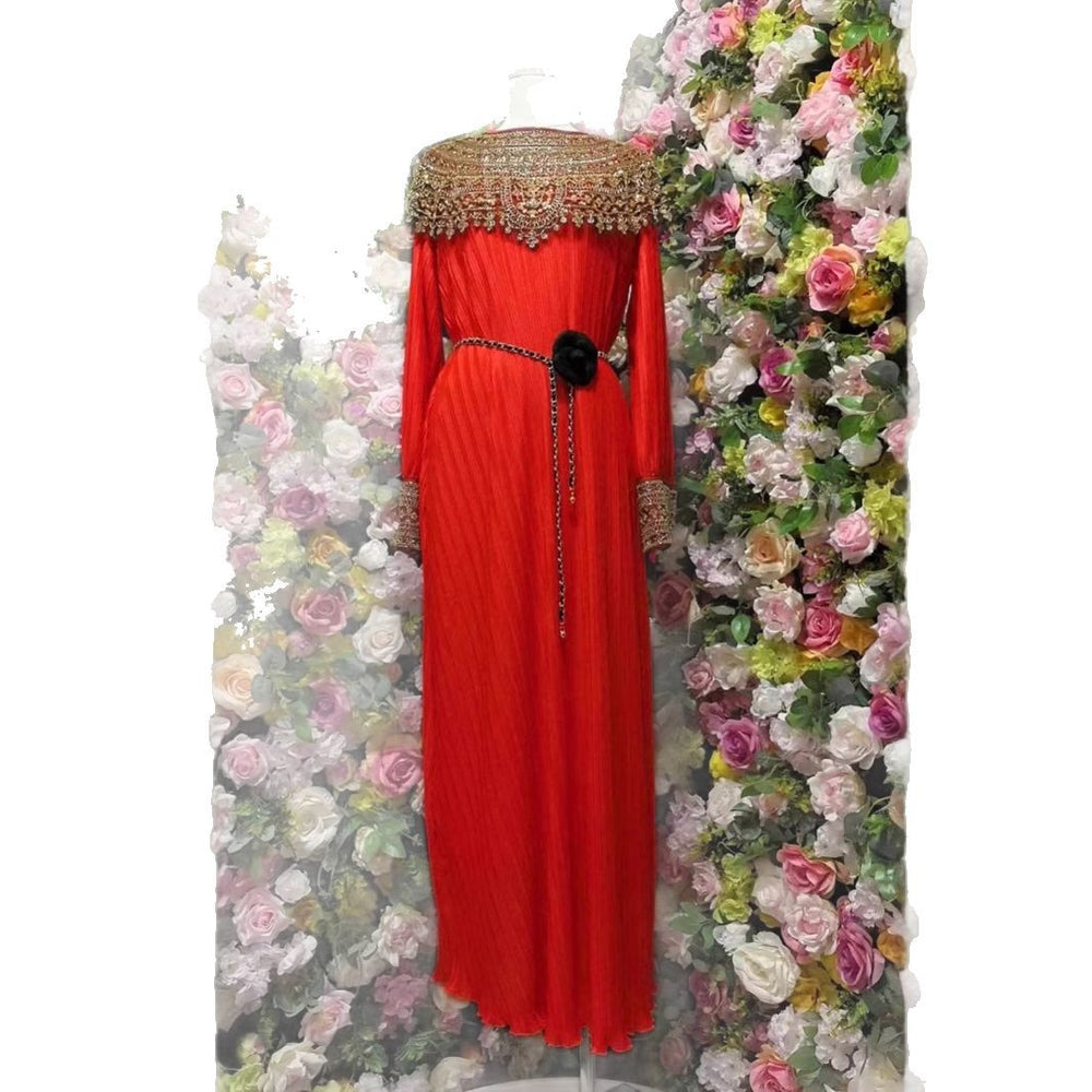 Classy lady style export beading shawl long sleeves pleated loosedress metal belt banquet long dress women