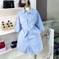 European and american cross-border women's fashion:  summer new arrival - stylish turn-down collar, loose fit, heavily embellished diamond-studded shirt and wide-leg pants set