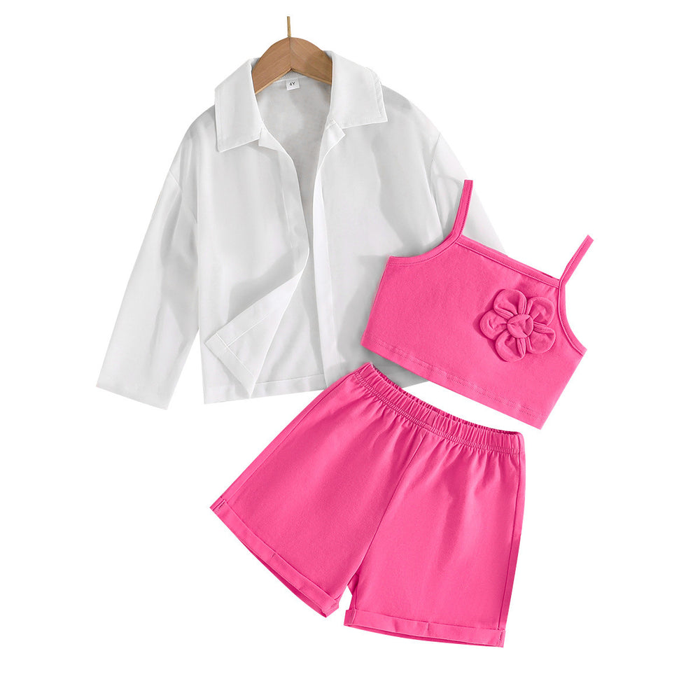 summer european and american style girls' new long-sleeved top + floral camisole vest + shorts three-piece set - direct from the manufacturer
