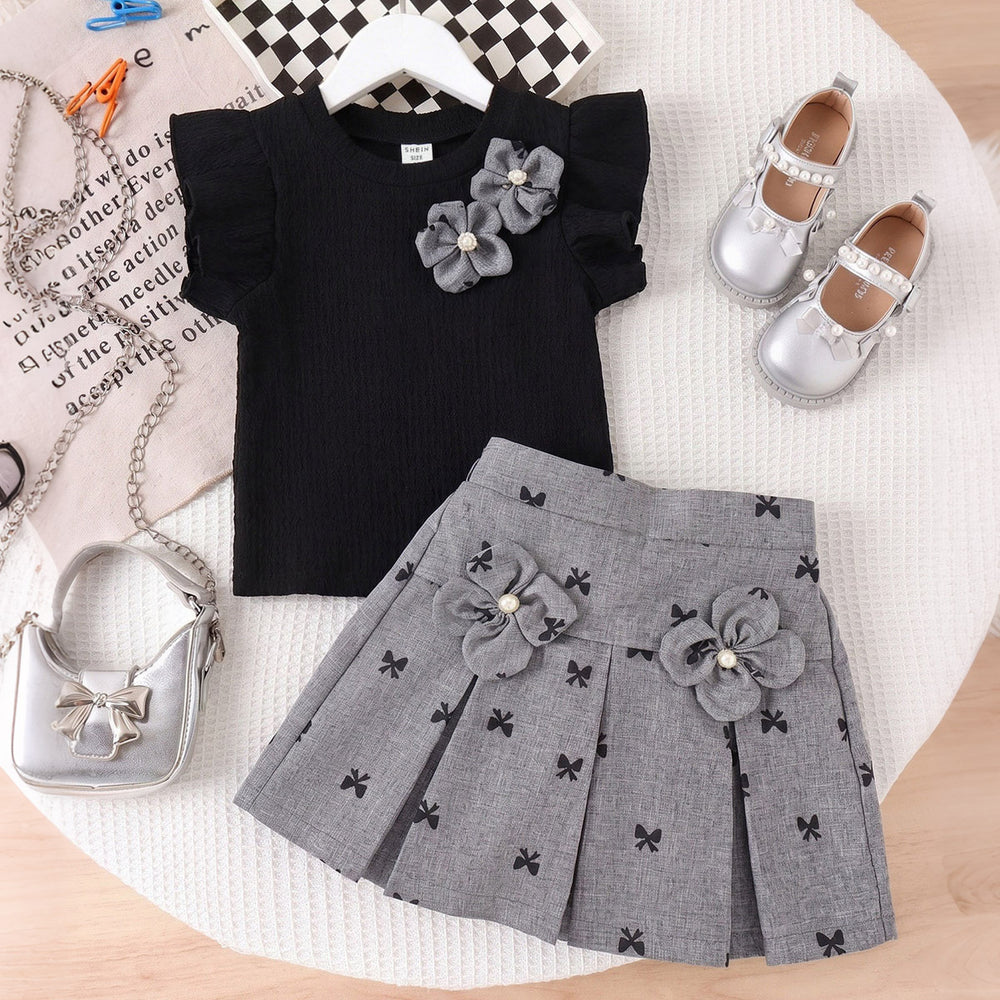 cross-border girls' fashion set: european & american style floral solid ribbed top + a-line pleated skirt two-piece outfit