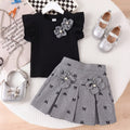 cross-border girls' fashion set: european & american style floral solid ribbed top + a-line pleated skirt two-piece outfit