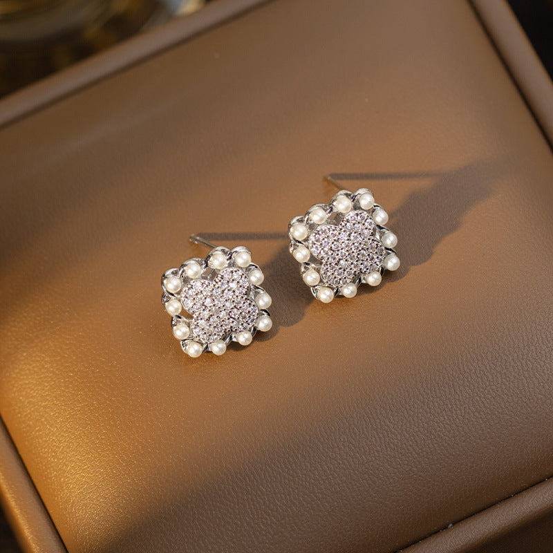 【titanium steel】european and american light luxury full diamond four-leaf clover pearl necklace and earring stud set - personalized jewelry set