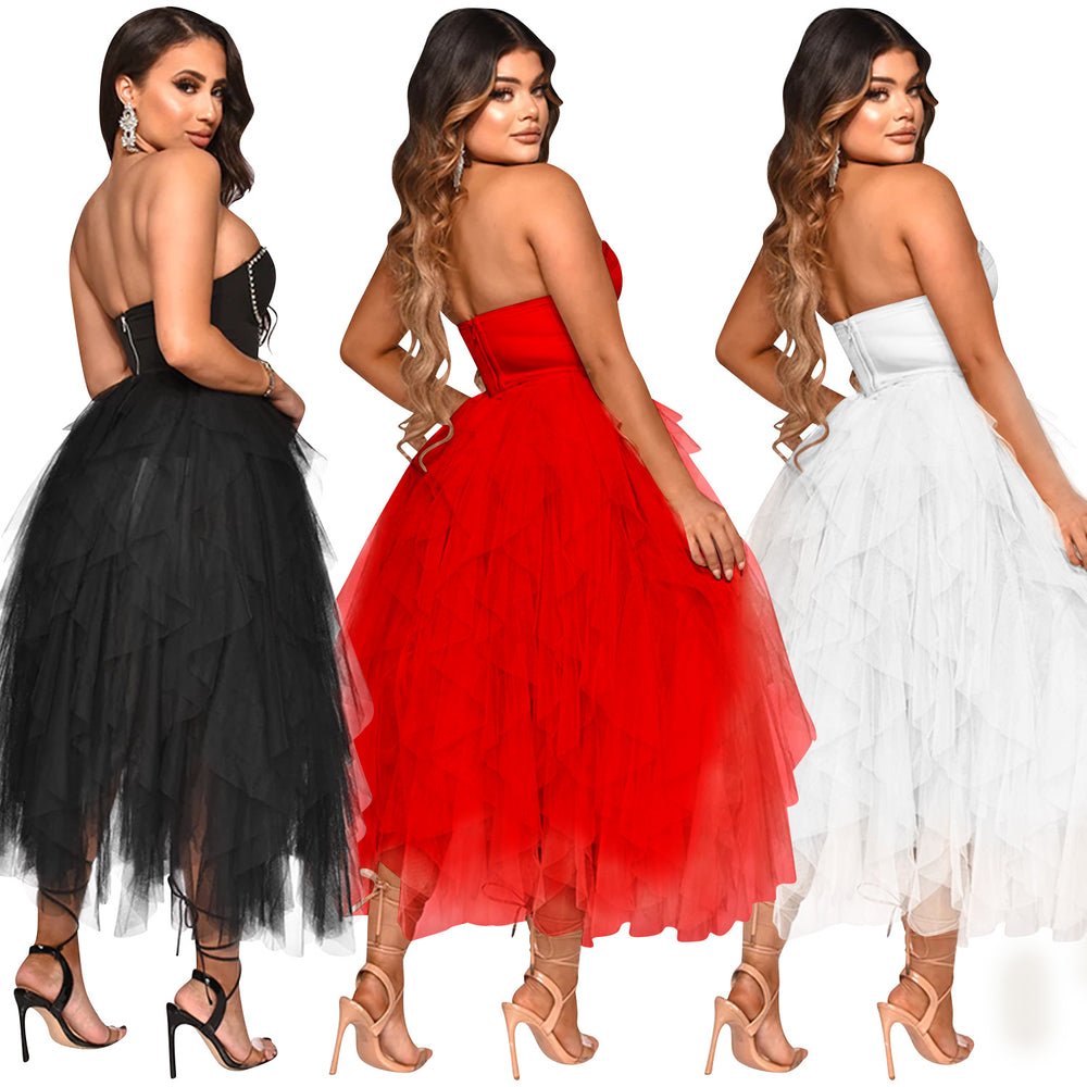 X5709 new arrival:  &  fashionable solid color hotfix rhinestone bandeau fluffy mesh dress - women's apparel