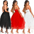 X5709 new arrival:  &  fashionable solid color hotfix rhinestone bandeau fluffy mesh dress - women's apparel