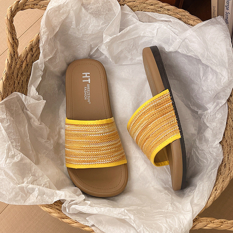 French knit one-strap slippers for women, summer outdoor wear, 2026 new roman ethnic style beach flat sandals