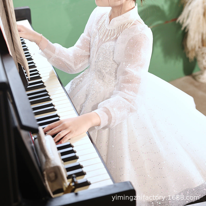 Girls' formal dress - birthday, spring/autumn, long sleeve - cross-border fashion, european & american style, elegant children's princess dress, long sleeve high-end piano performance dress