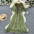 French chic embroidered v-neck dress - women's summer short sleeve, slim fit a-line maxi dress for vacation