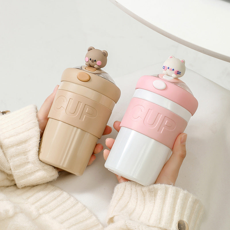 Portable, stylish water bottle - trendy glass straw cup with cute cartoon design, perfect as a souvenir or gift, includes lid