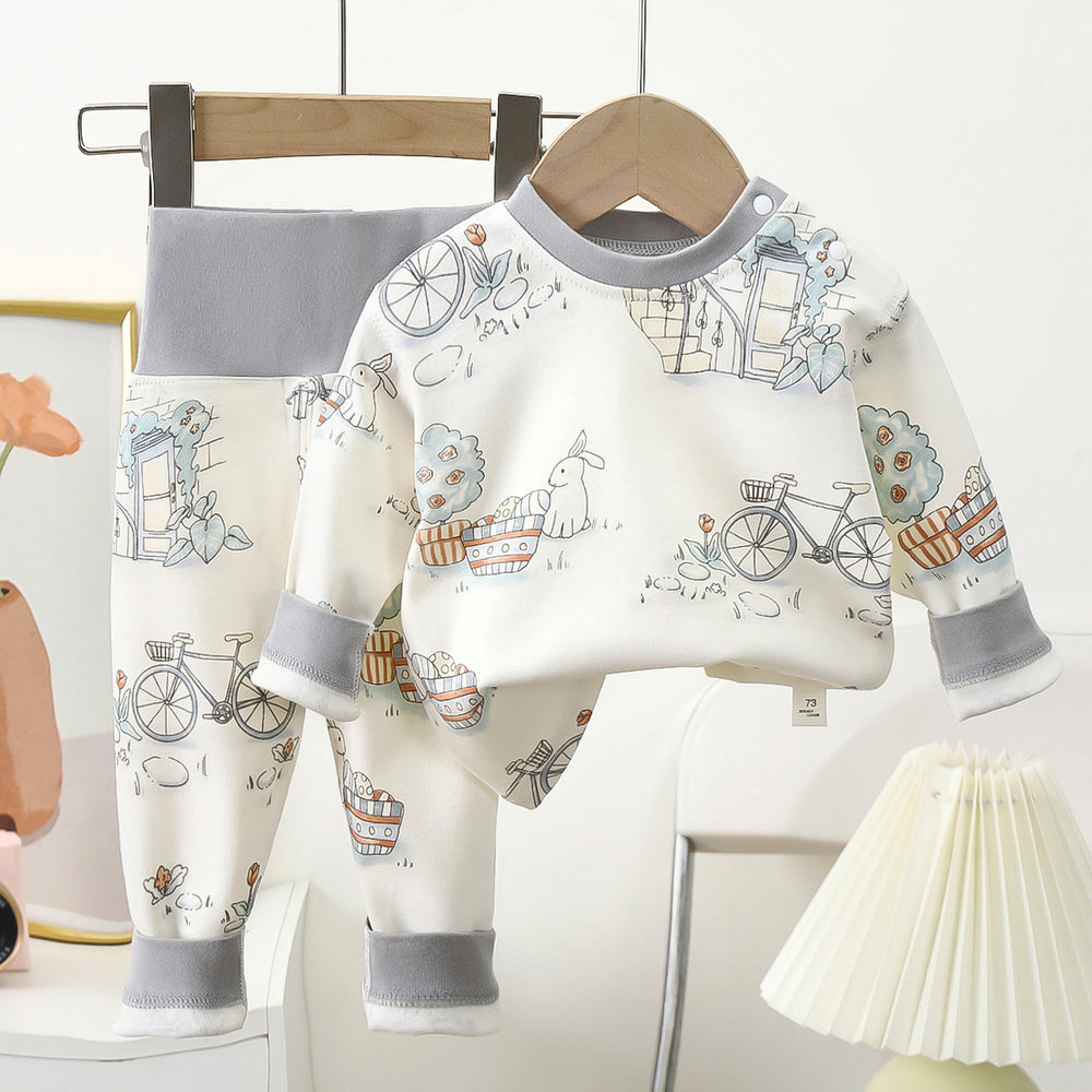 Kidsa type pure cotton boneless cartoon plaidintimates partial placket suit pajamas baby round neck autumn clothes high waist autumn pants