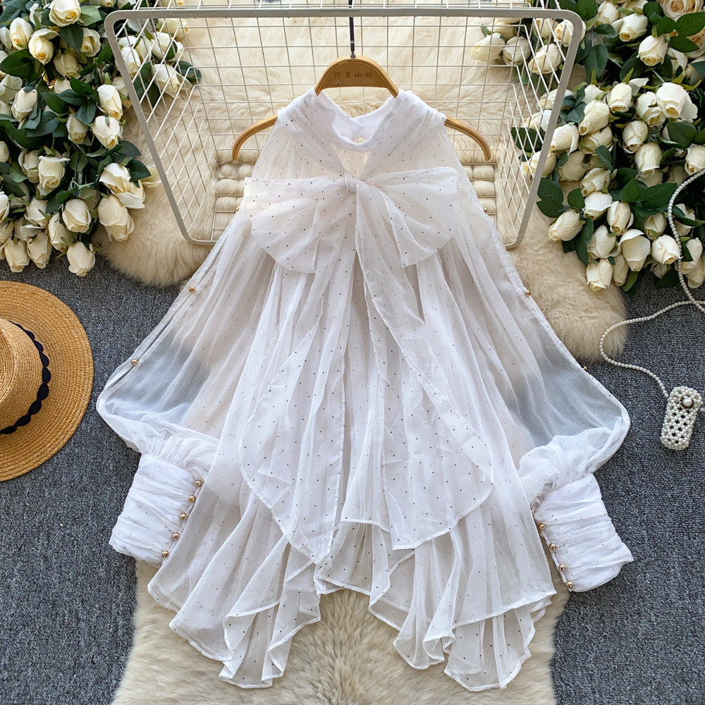 French chic floral blouse with bow detail - women's fashionable, unique, and flattering loose-fit top
