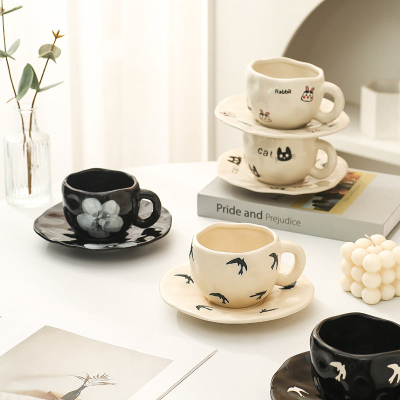 Hand-painted ceramic coffee cup and saucer set - unique gift mug - creative niche gift - high-value handcrafted cup