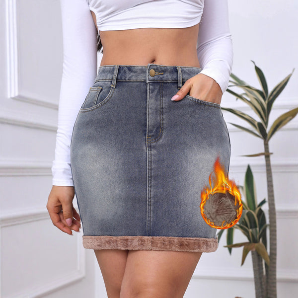 Winter skirt compound fleece thickened elastic women's denim skirt new autumn and winter versatile fleece women's short skirt