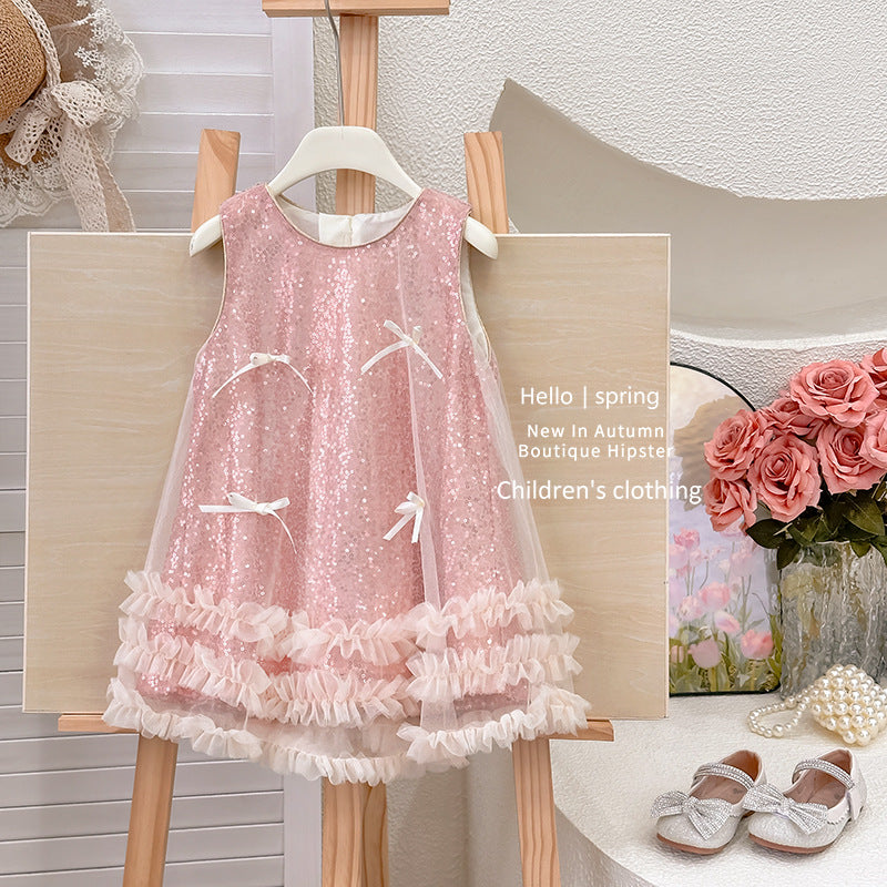 summer girls' princess dress - stylish and trendy a-line tank dress with sequin bow detail - clearance sale on remaining sizes